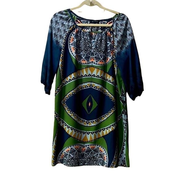 Glam Women’s Small Keyhole Abstract Navy & Mustard Yellow Lightweight Dress - Picture 1 of 11